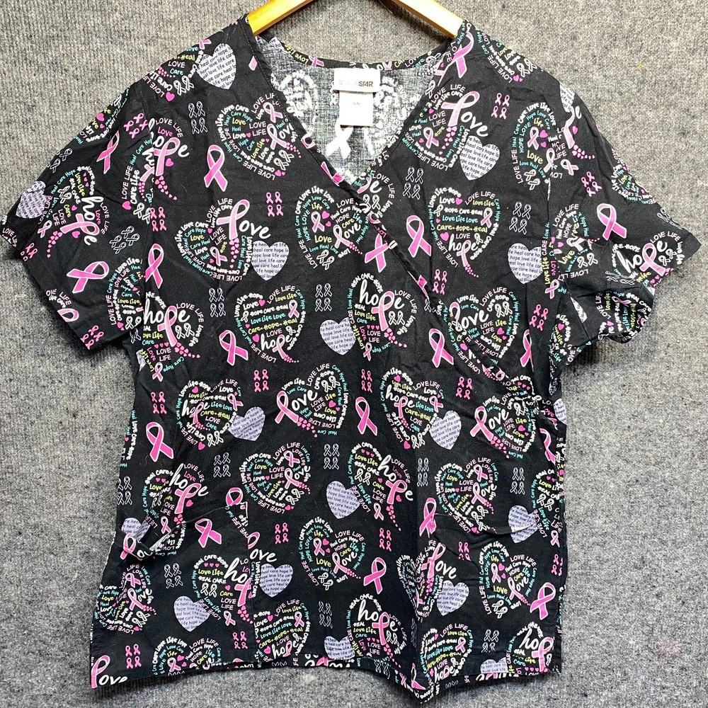 ScrubStar Womens Large Pink Breast Cancer Awareness Medical Scrub Top Black Love